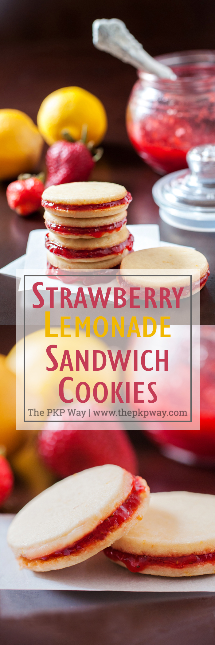 Strawberry Lemonade Sandwich Cookies. Easy homemade strawberry jam sandwiched between lemon shortbread cookies. 