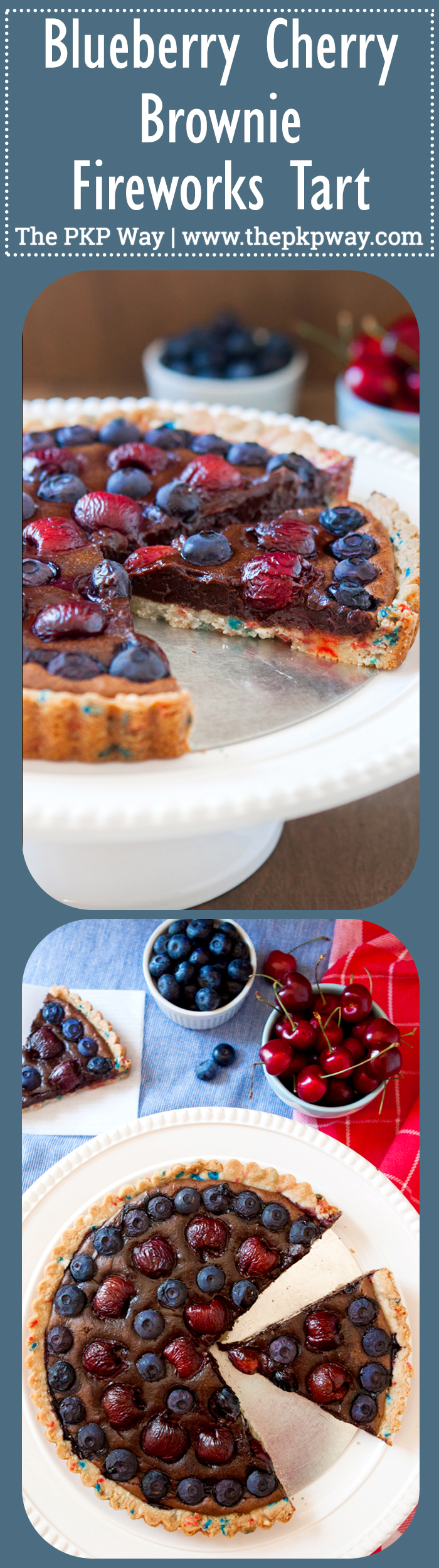 A fudgy brownie studded with cherries and blueberries, atop a shortbread crust, this Blueberry & Cherry Brownie Fireworks Tart is perfect for your 4th of July festivities. 