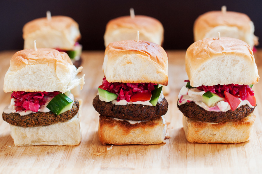 falafel, Mediterranean, sliders, Greek, tahini, slaw, beets, cabbage, cucumber, tomatoes, falafel sliders