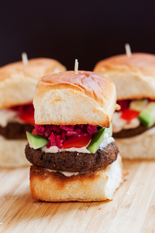 falafel, Mediterranean, sliders, Greek, tahini, slaw, beets, cabbage, cucumber, tomatoes, falafel sliders