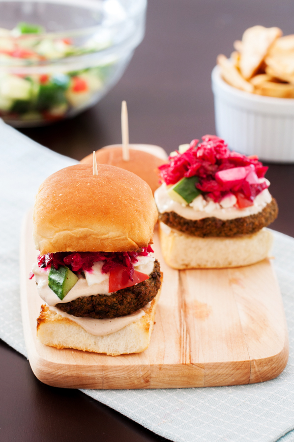 falafel, Mediterranean, sliders, Greek, tahini, slaw, beets, cabbage, cucumber, tomatoes, falafel sliders