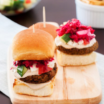 falafel, Mediterranean, sliders, Greek, tahini, slaw, beets, cabbage, cucumber, tomatoes, falafel sliders