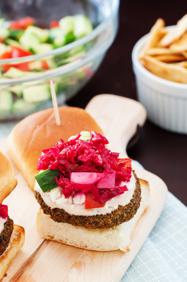 falafel, Mediterranean, sliders, Greek, tahini, slaw, beets, cabbage, cucumber, tomatoes, falafel sliders