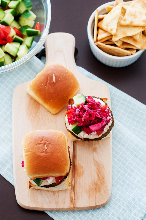 falafel, Mediterranean, sliders, Greek, tahini, slaw, beets, cabbage, cucumber, tomatoes, falafel sliders