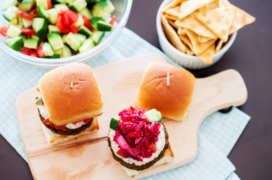 falafel, Mediterranean, sliders, Greek, tahini, slaw, beets, cabbage, cucumber, tomatoes, falafel sliders