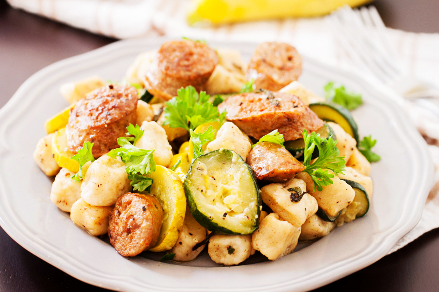 Gnocchi, Ricotta, Italian, sausage, zucchini, squash, potato dumplings, sage