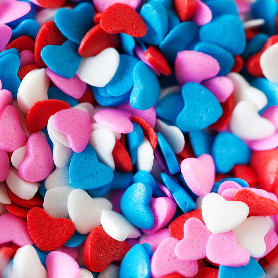 Close-up of heart sprinkles.