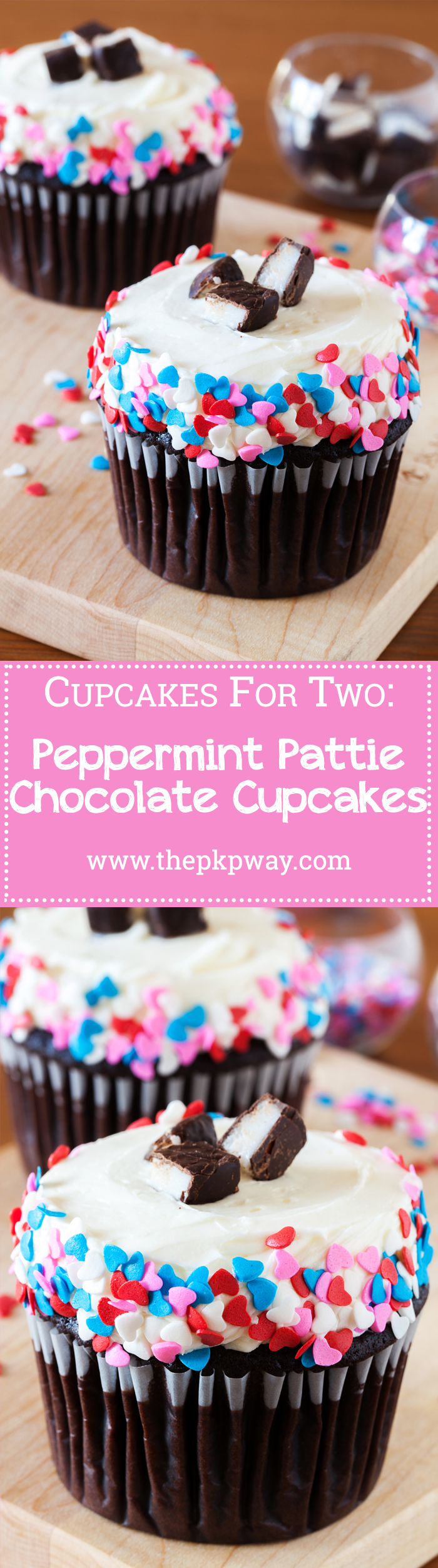 Valentine's Day Peppermint Pattie Chocolate Cupcakes for Two. A chocolate cupcake recipe for two is perfect for you and your Valentine. Ultra-moist and topped with peppermint pattie buttercream.