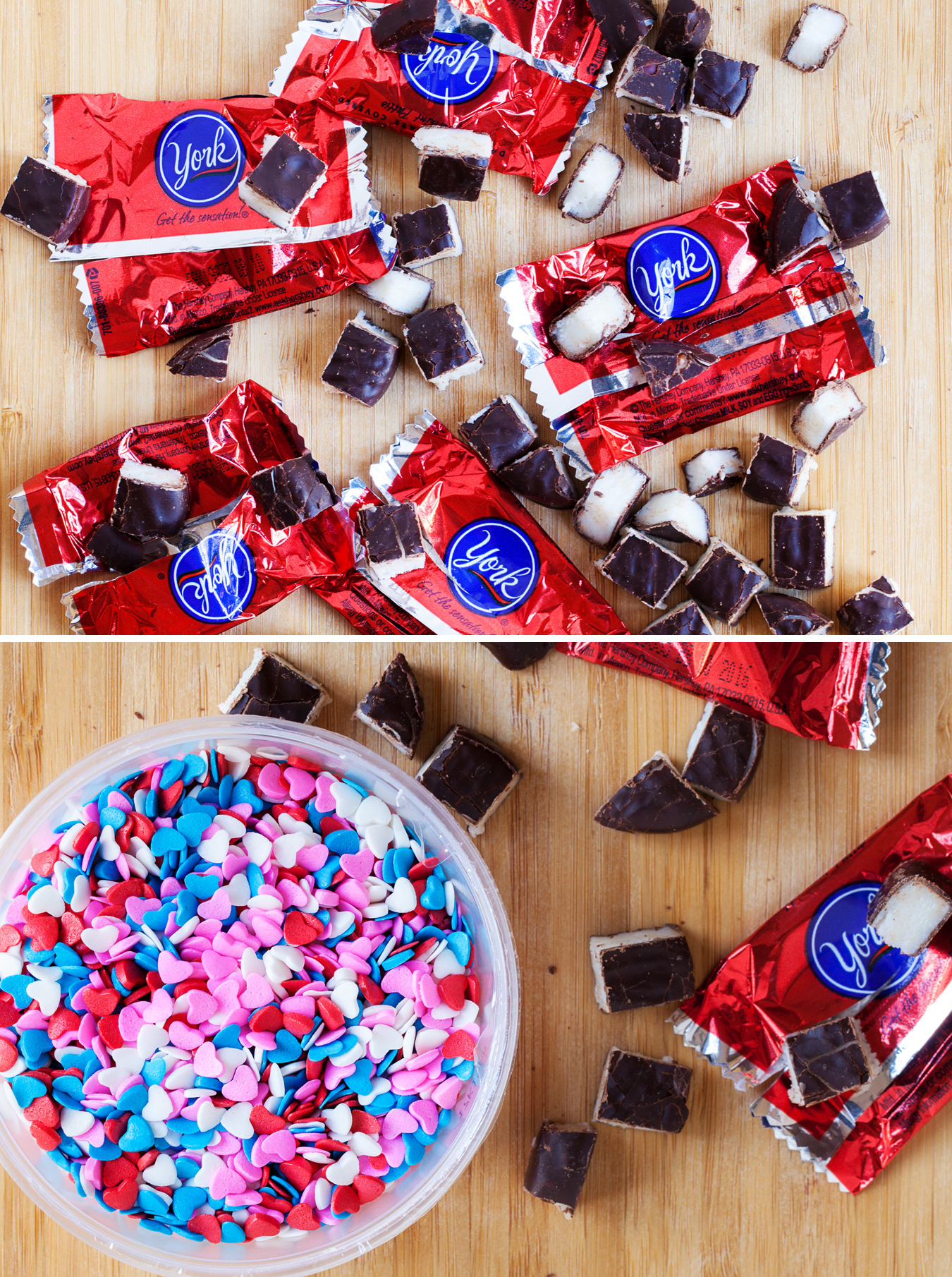 Chopped York peppermint patties and heart sprinkles.