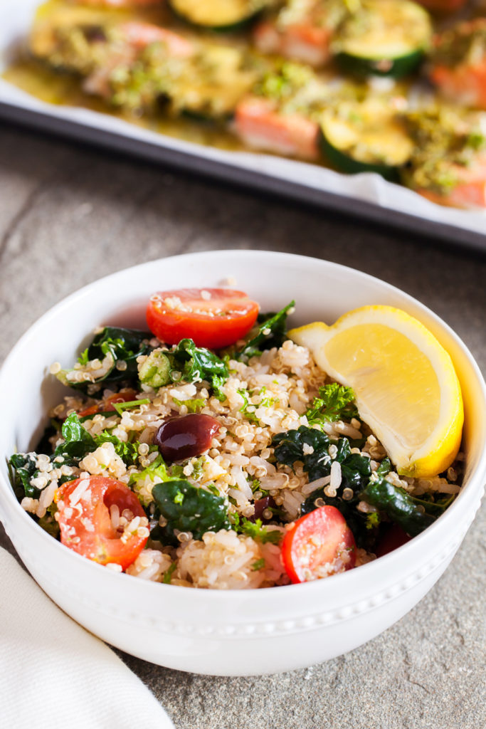 Gluten-free Mediterranean Rice & Quinoa Bowl with Salmon Kebabs has fresh herbs and vegetables that will keep you coming back for more!