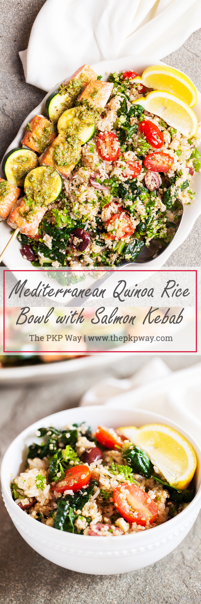 Gluten-free Mediterranean Rice & Quinoa Bowl with Salmon Kebabs has fresh herbs and vegetables that will keep you coming back for more!