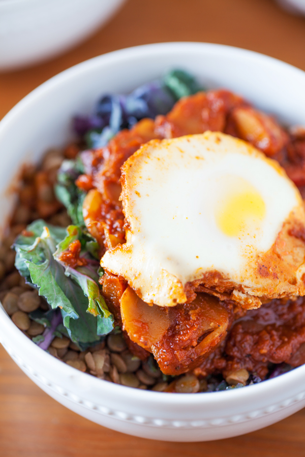 Smoky Potato, Sausage & Kale Lentil Bowl - Comforting, hearty, healthy, and cooks in one skillet!