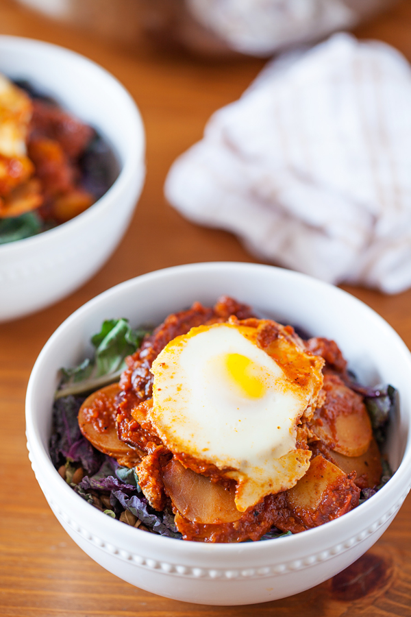 Smoky Potato, Sausage & Kale Lentil Bowl - Comforting, hearty, healthy, and cooks in one skillet!