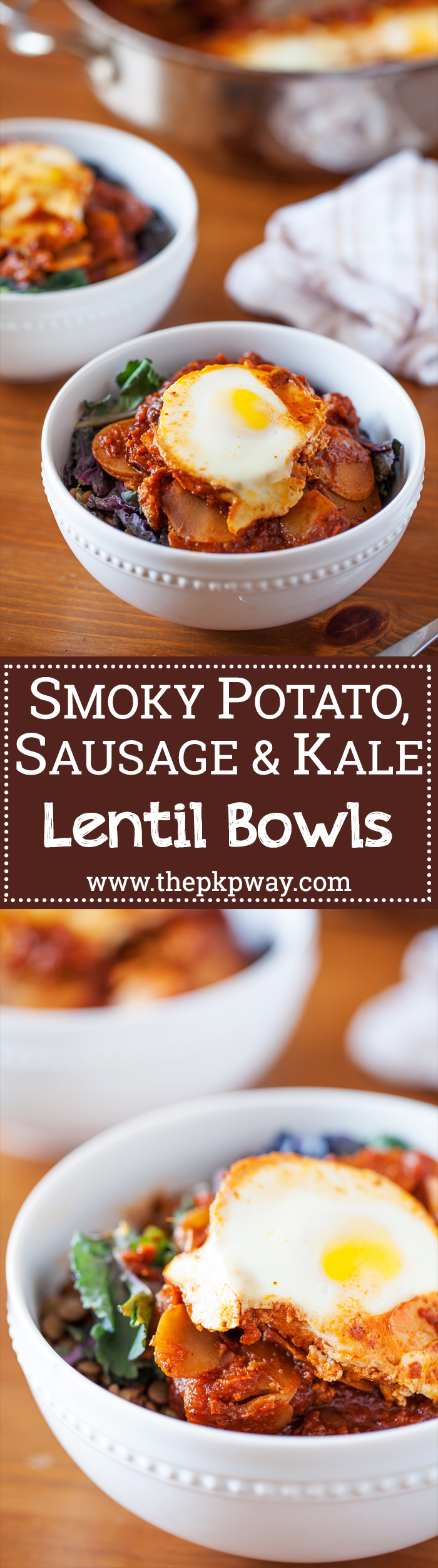 Smoky Potato, Sausage & Kale Lentil Bowl - Comforting, hearty, healthy, and cooks in one skillet!