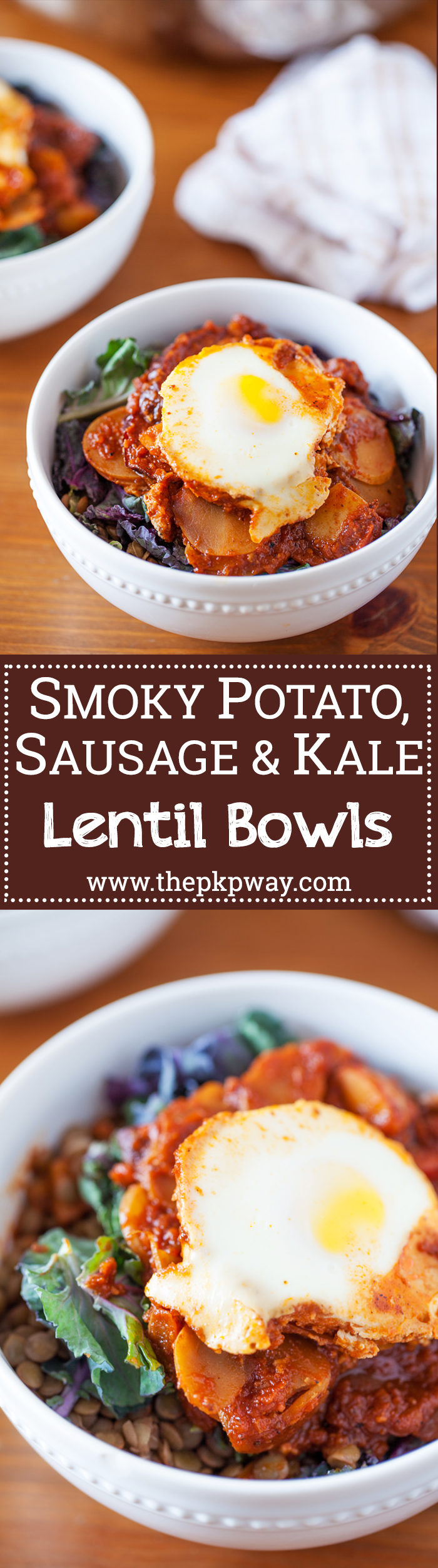 Smoky Potato, Sausage & Kale Lentil Bowl - Comforting, hearty, healthy, and cooks in one skillet!