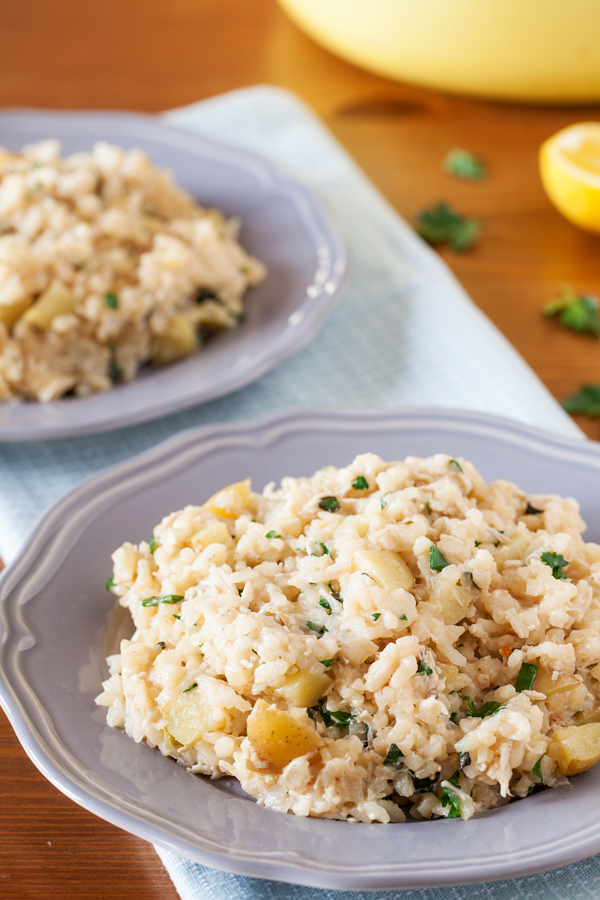 Creamy lemon chicken risotto without the fuss but all the flavors of tangy feta, briny olives, and freshly chopped herbs.