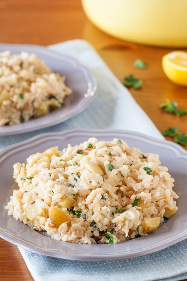 Creamy lemon chicken risotto without the fuss but all the flavors of tangy feta, briny olives, and freshly chopped herbs.