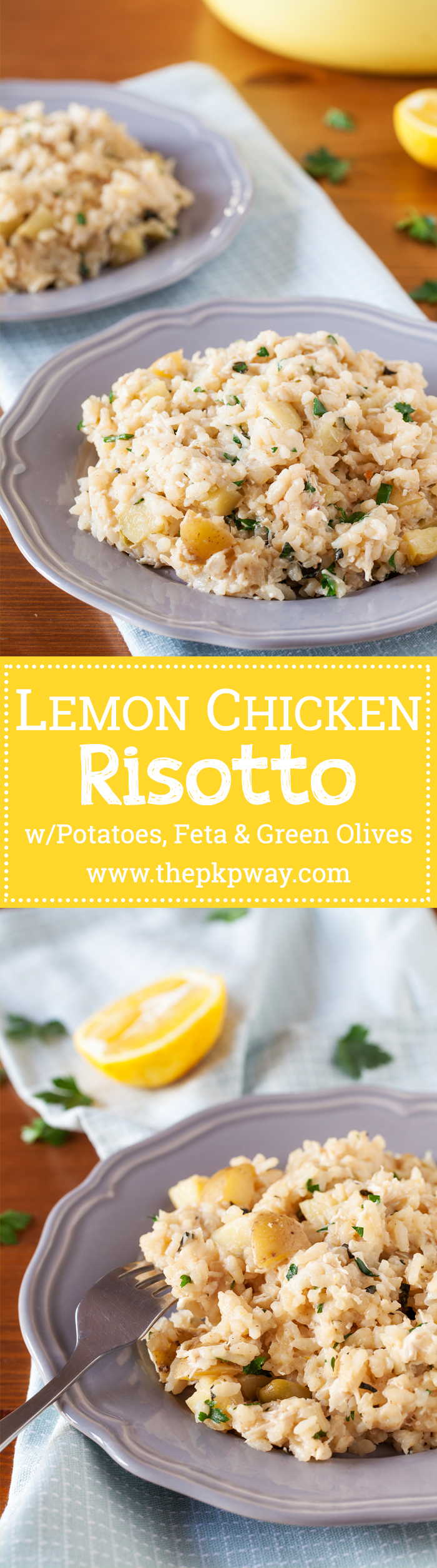 Creamy lemon chicken risotto without the fuss but all the flavors of tangy feta, briny olives, and freshly chopped herbs.