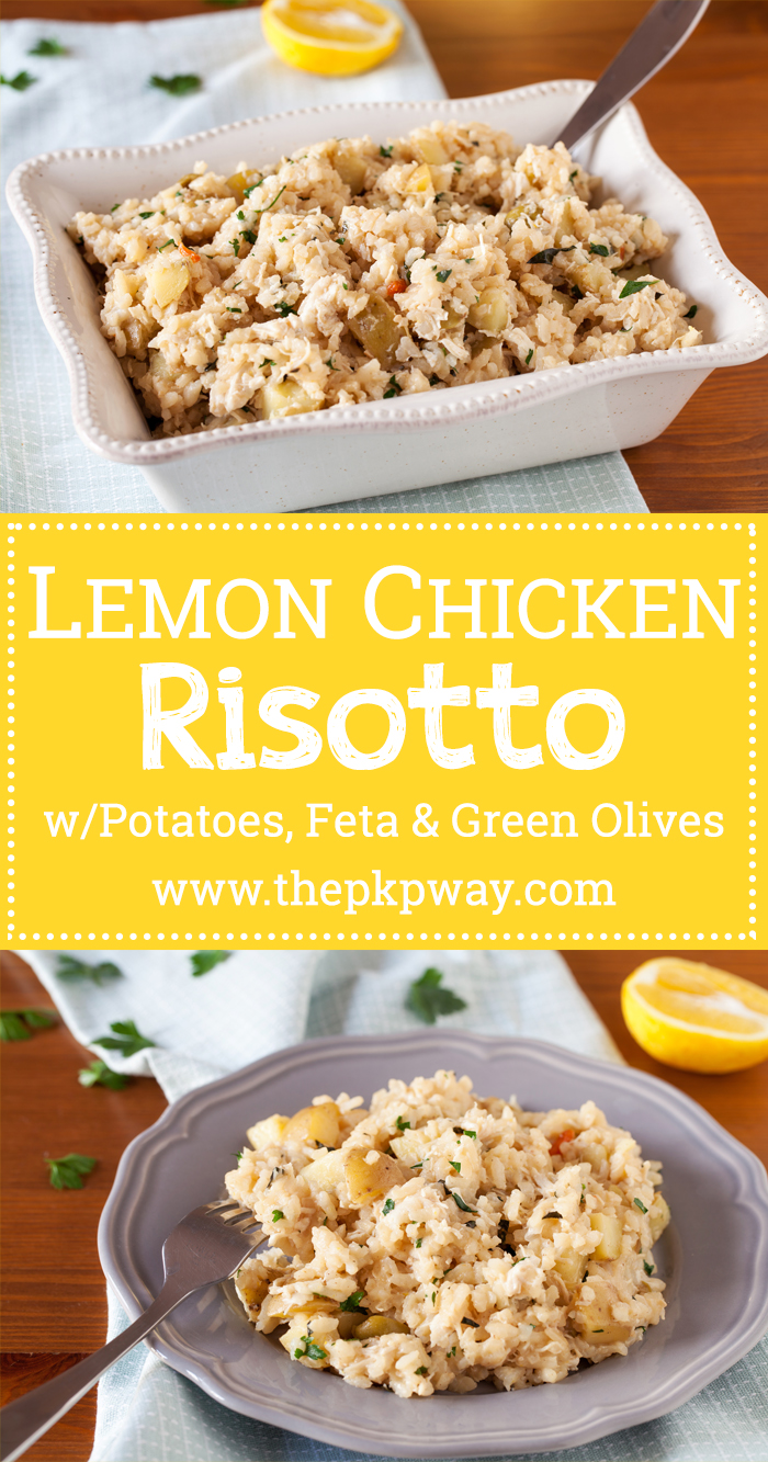 Creamy lemon chicken risotto without the fuss but all the flavors of tangy feta, briny olives, and freshly chopped herbs.