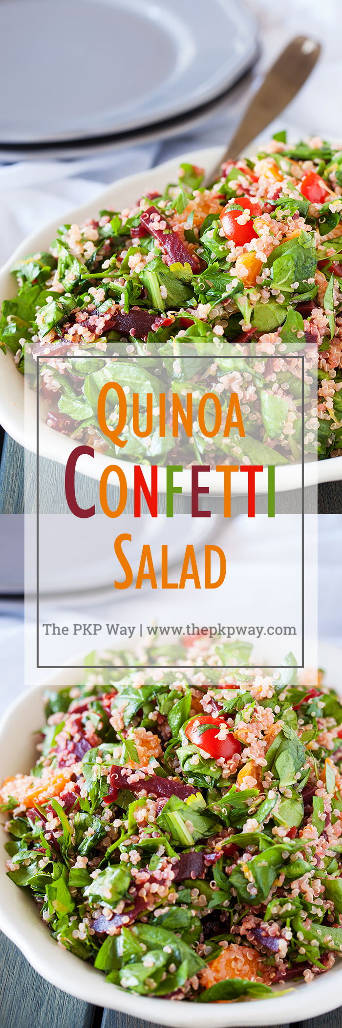 A bed of quinoa and spinach topped with a confetti of beets, mandarins, and tomatoes, this quinoa confetti salad is full of nutrients, vitamins, and fiber to make your meal that much healthier.