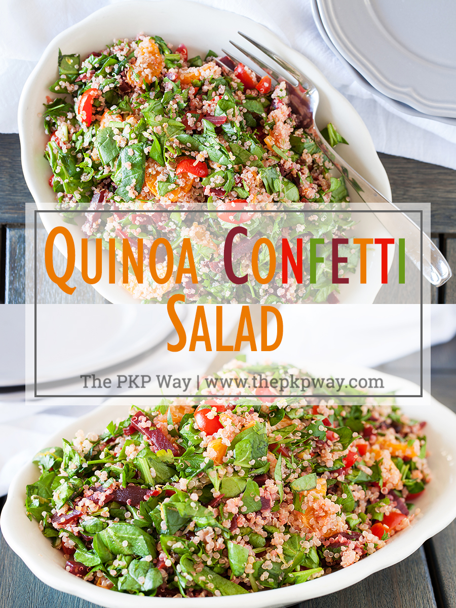 A bed of quinoa and spinach topped with a confetti of beets, mandarins, and tomatoes, this quinoa confetti salad is full of nutrients, vitamins, and fiber to make your meal that much healthier.