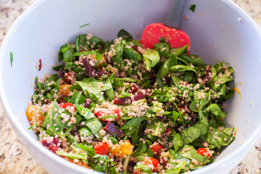 A bed of quinoa and spinach topped with a confetti of beets, mandarins, and tomatoes, this quinoa confetti salad is full of nutrients, vitamins, and fiber to make your meal that much healthier.