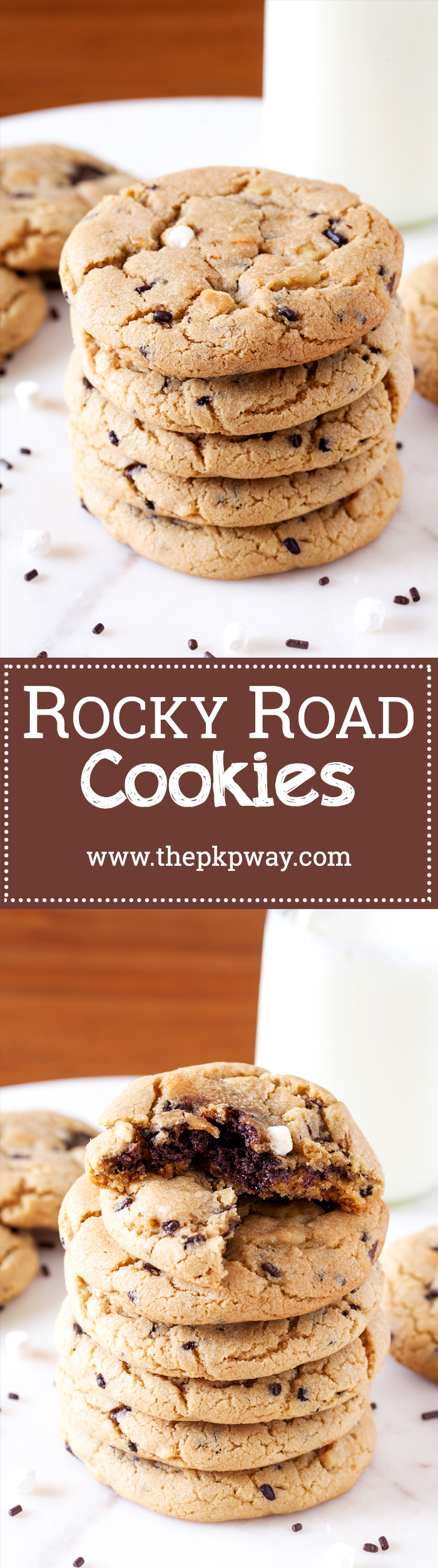 Rocky road reincarnated in cookie form. Full of marshmallows and walnuts, these cookies are soft, chewy, and gushing with rich ganache.