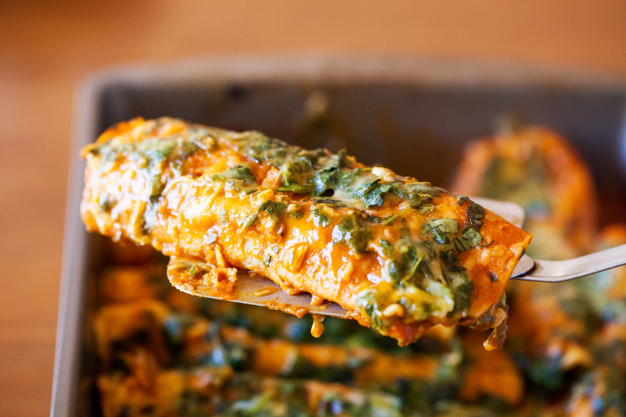 Spinach and cheese enchiladas. A healthy twist on a Mexican favorite.