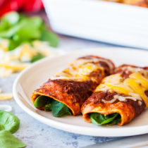 Spinach and cheese enchiladas are a healthier twist on a Mexican favorite. Spinach and cheese filling wrapped in a corn tortilla and doused with an authentic red enchilada sauce.