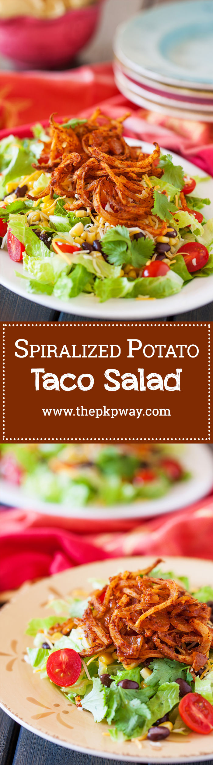 Crispy spiralized potato tossed in a taco seasoned sauce makes for a no-dressing-needed salad. 