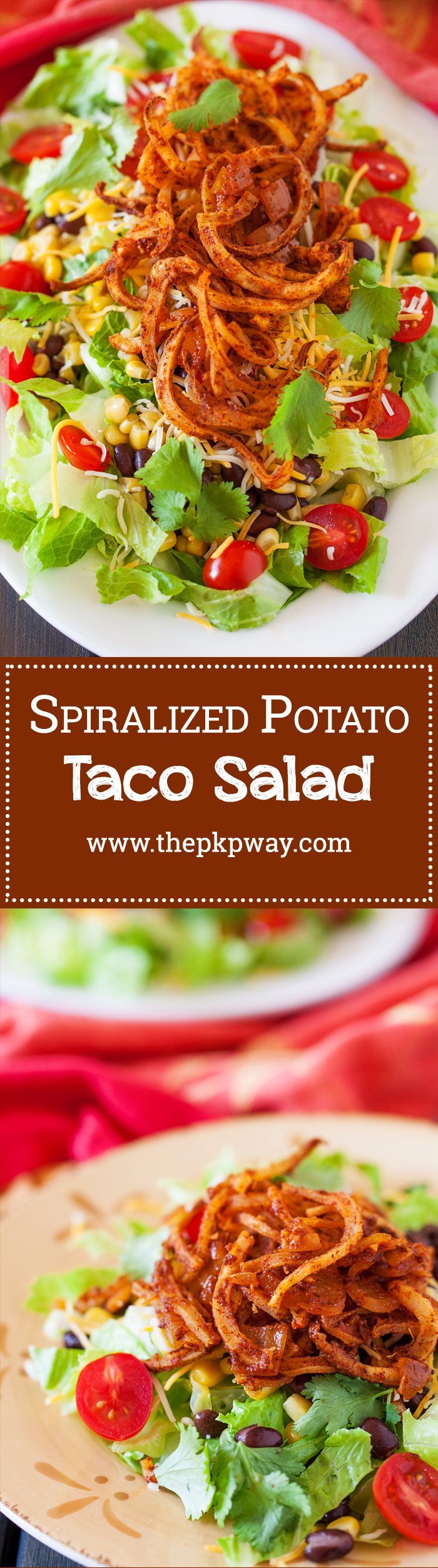 Crispy spiralized potato tossed in a taco seasoned sauce makes for a no-dressing-needed salad. 
