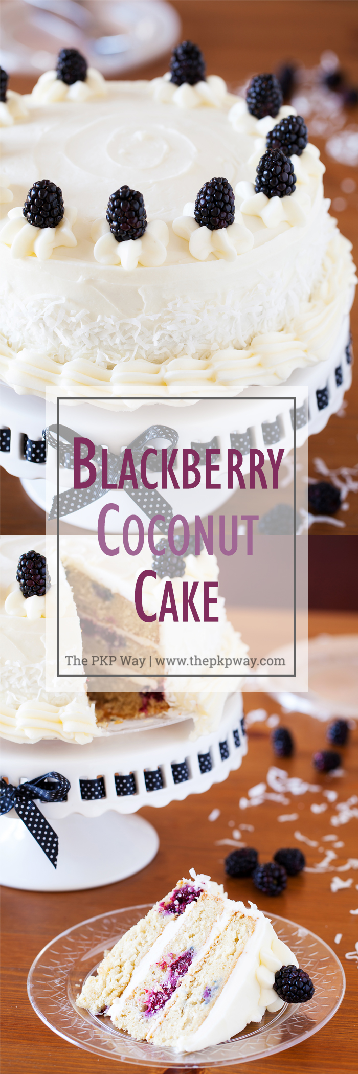 A cake for all occasions, this Blackberry Coconut Cake has a dense and moist crumb of blackberries and coconut, is filled with rich coconut buttercream, and frosted with tangy cream cheese frosting. Perfect for berry and coconut lovers everywhere. 