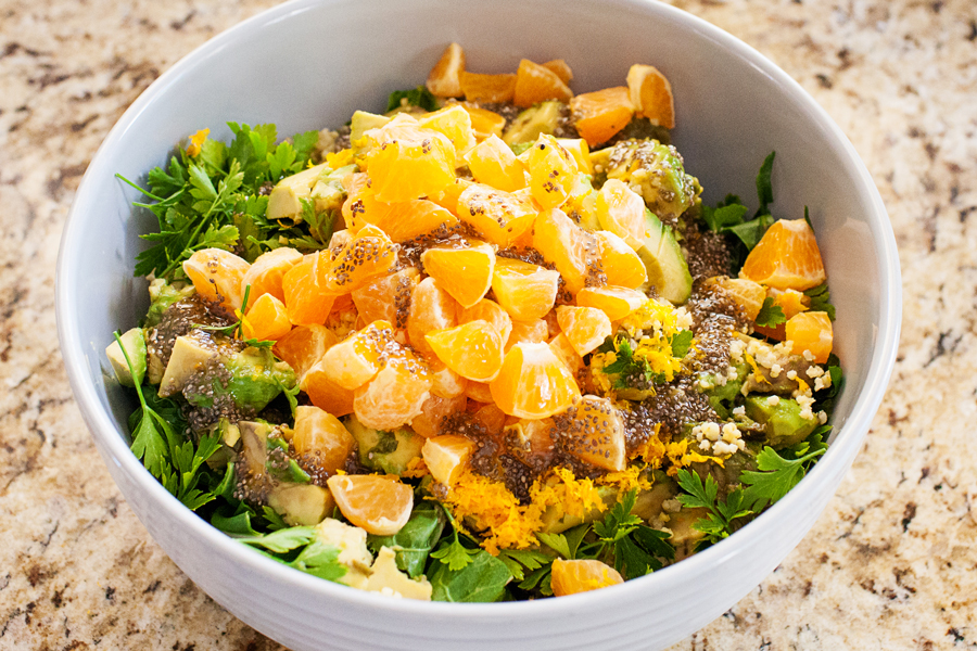 A triple punch of Ojai Pixie tangerines make the chard in this salad taste like tangerines in leafy green form. With a myriad of textures from millet and avocado, and a dressing that tastes like liquid candy, this salad is a yummy way to get more leafy greens into your diet. 