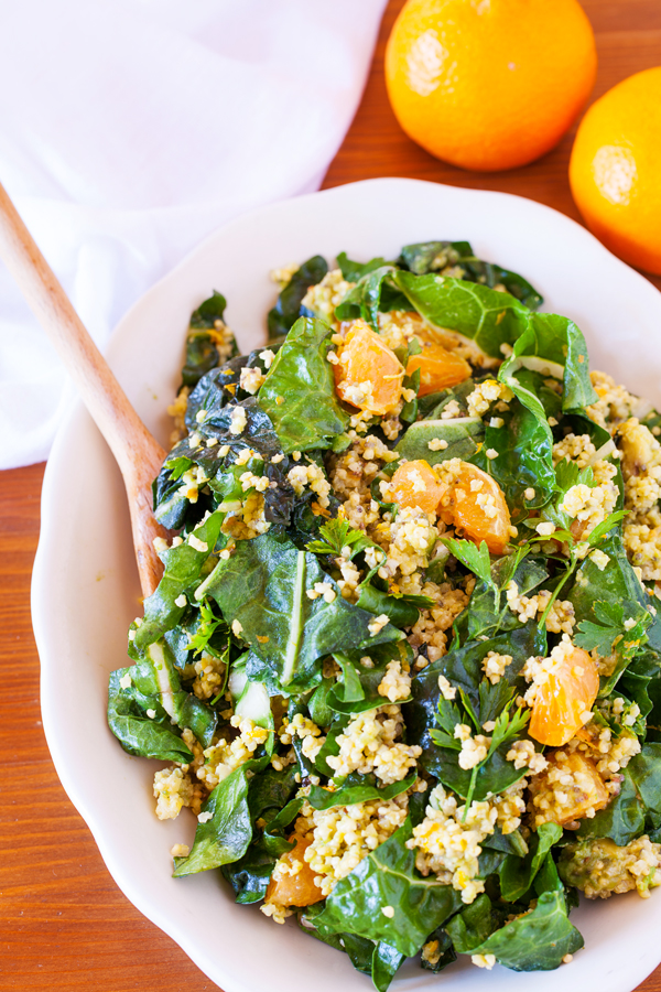 A triple punch of Ojai Pixie tangerines make the chard in this salad taste like tangerines in leafy green form. With a myriad of textures from millet and avocado, and a dressing that tastes like liquid candy, this salad is a yummy way to get more leafy greens into your diet. 