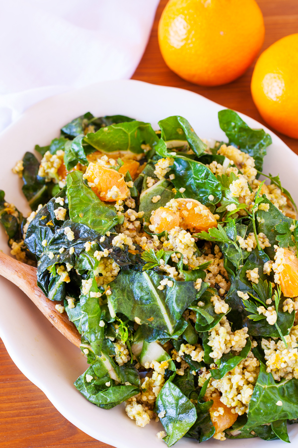 A triple punch of Ojai Pixie tangerines make the chard in this salad taste like tangerines in leafy green form. With a myriad of textures from millet and avocado, and a dressing that tastes like liquid candy, this salad is a yummy way to get more leafy greens into your diet. 