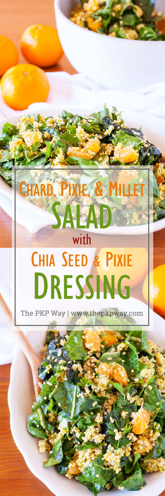 A triple punch of Ojai Pixie tangerines make the chard in this salad taste like tangerines in leafy green form. With a myriad of textures from millet and avocado, and a dressing that tastes like liquid candy, this salad is a yummy way to get more leafy greens into your diet.