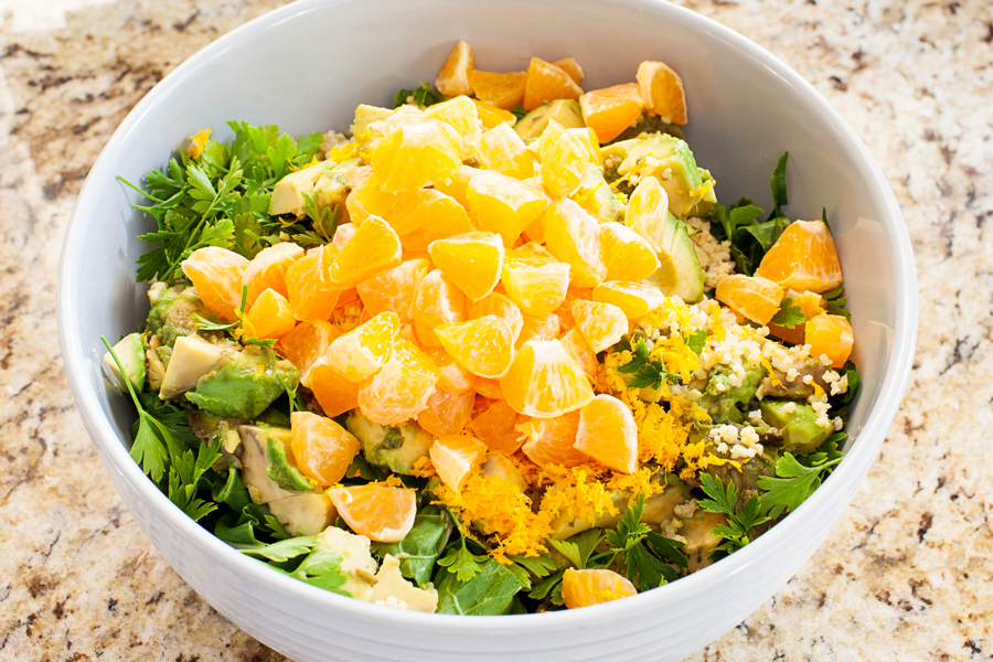 A triple punch of Ojai Pixie tangerines make the chard in this salad taste like tangerines in leafy green form. With a myriad of textures from millet and avocado, and a dressing that tastes like liquid candy, this salad is a yummy way to get more leafy greens into your diet. 