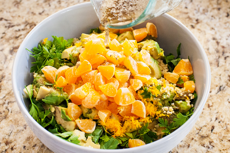 A triple punch of Ojai Pixie tangerines make the chard in this salad taste like tangerines in leafy green form. With a myriad of textures from millet and avocado, and a dressing that tastes like liquid candy, this salad is a yummy way to get more leafy greens into your diet. 