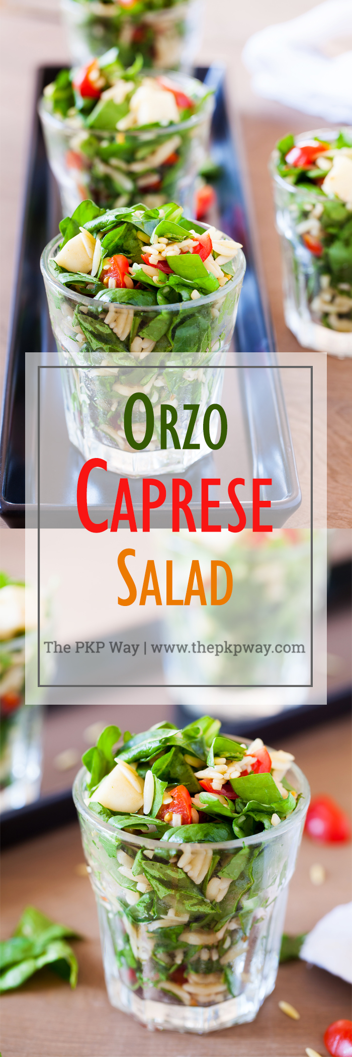 Classic caprese ingredients (basil, mozzarella, tomatoes, and balsamic vinaigrette) modernized into a salad with spinach and orzo pasta. 