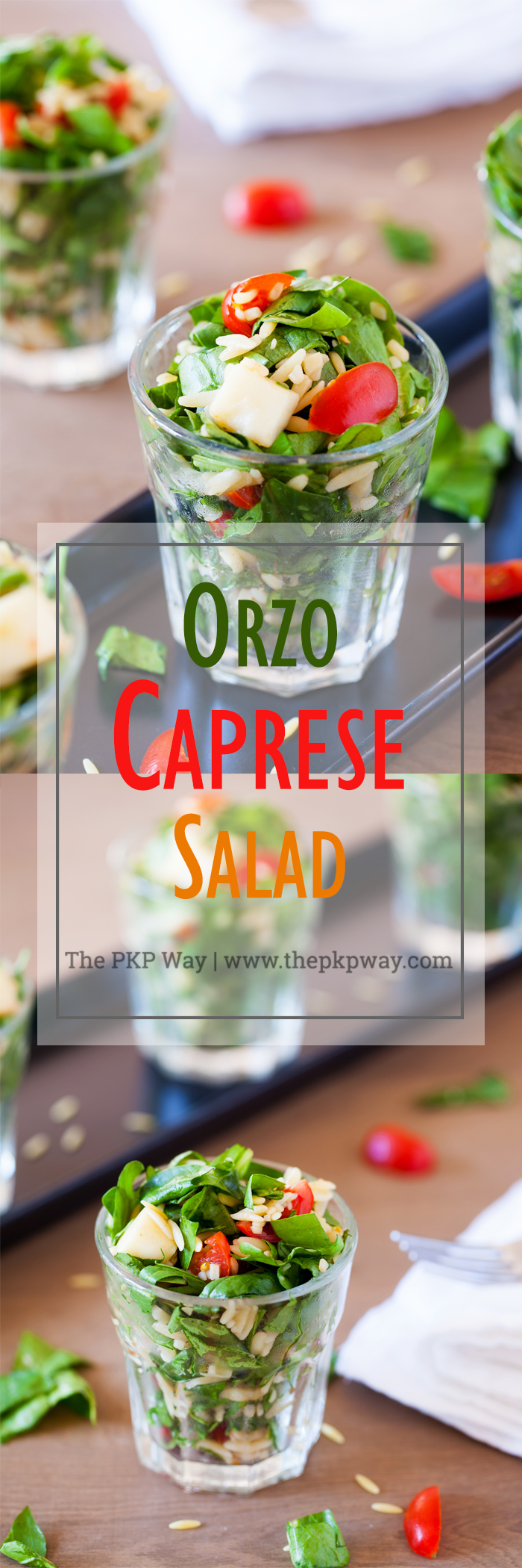 Classic caprese ingredients (basil, mozzarella, tomatoes, and balsamic vinaigrette) modernized into a salad with spinach and orzo pasta. 
