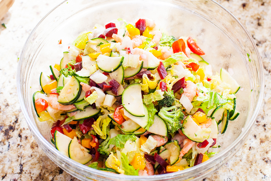 This shrimp chopped salad has it all. Plump and tender shrimp, a colorful medley of fresh veggies, and a bright and acidic dressing. Perfect as an accompaniment or a stand-alone meal. 
