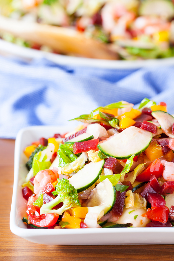 This shrimp chopped salad has it all. Plump and tender shrimp, a colorful medley of fresh veggies, and a bright and acidic dressing. Perfect as an accompaniment or a stand-alone meal. 