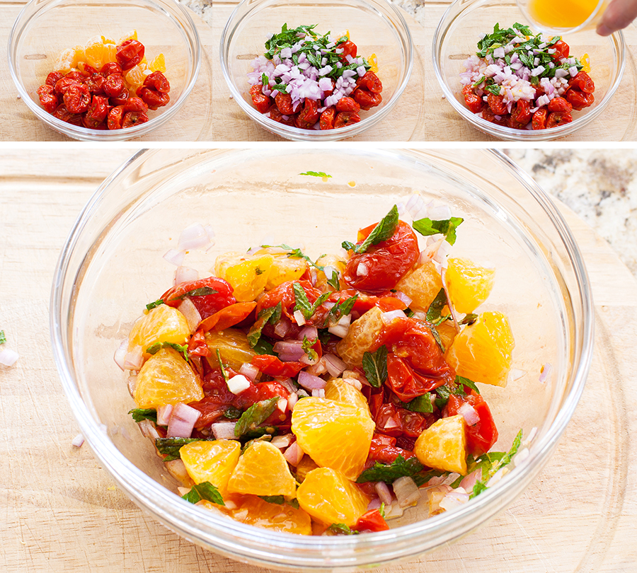 In this paramount spring time dish, roasted tomatoes and Ojai Pixies create a bright, fresh, sweet, and sour salsa, the perfect dressing to stand on the spicy salmon soapbox.
