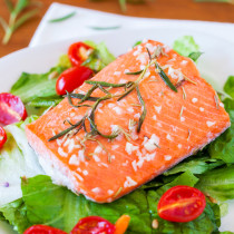 Spa quality Baked Salmon with Rosemary Vinaigrette and Roasted Tomatoes is light, mild, aromatic and ready in 20 minutes!
