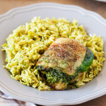 Entrée and side are ready at the same time with this Creamy Spinach Stuffed Chicken with Orzo. Chicken thighs are stuffed with a mixture of spinach and cheese then cooked together with orzo for an easy one-pan dinner.