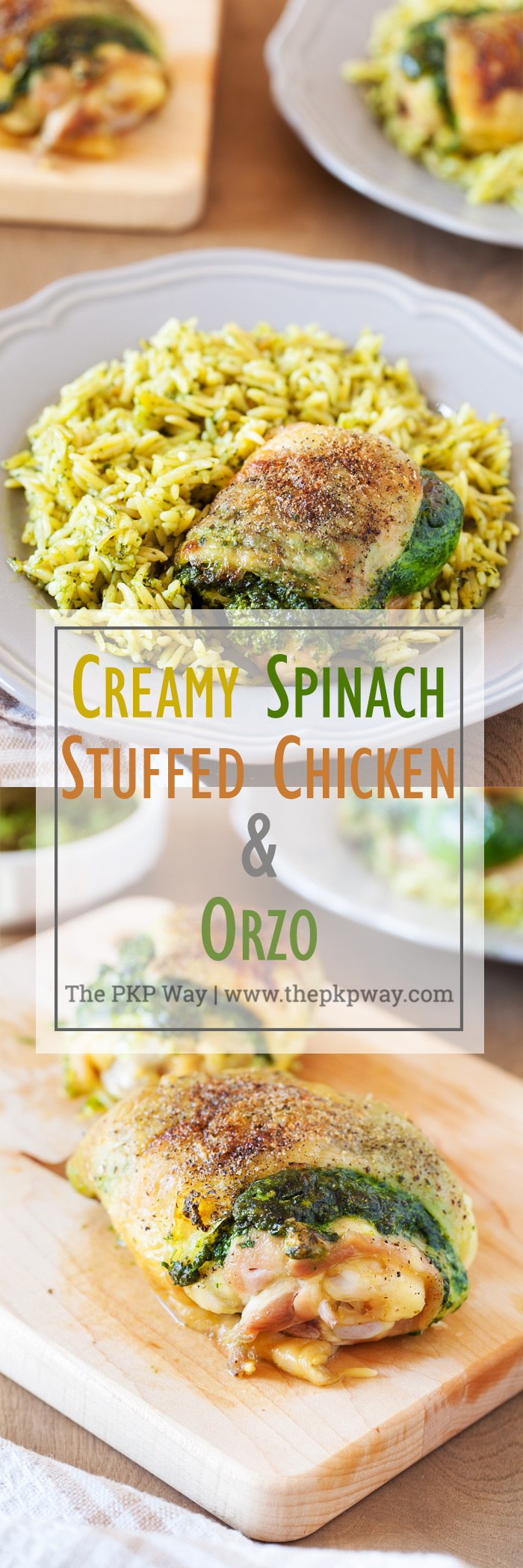 Entrée and side are ready at the same time with this Creamy Spinach Stuffed Chicken with Orzo. Chicken thighs are stuffed with a mixture of spinach and cheese then cooked together with orzo for an easy one-pan dinner.