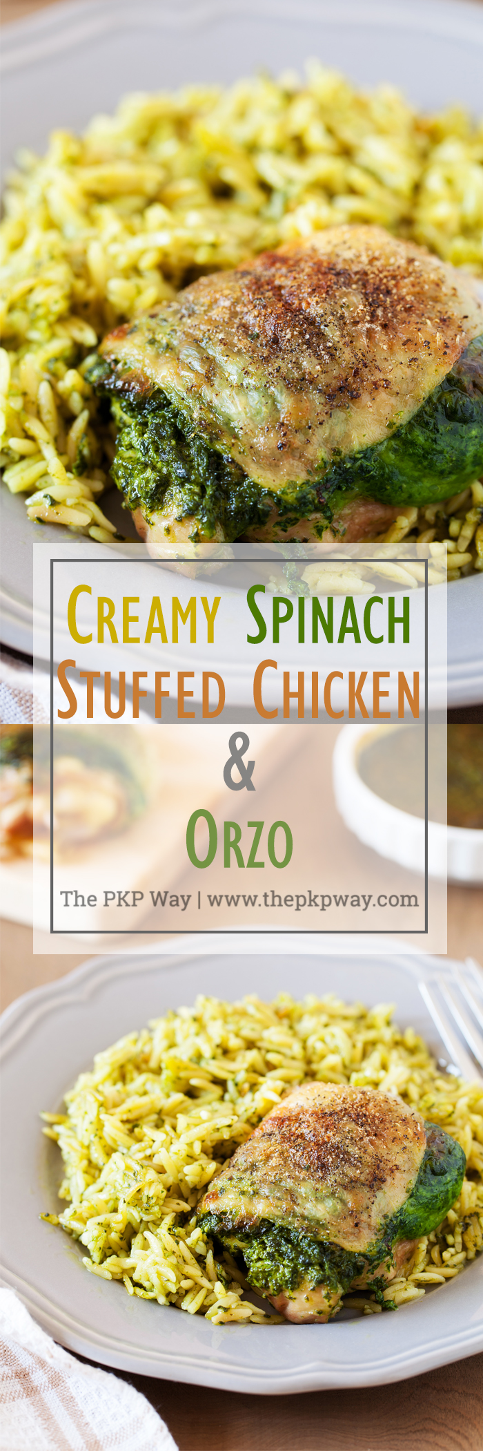 Entrée and side are ready at the same time with this Creamy Spinach Stuffed Chicken with Orzo. Chicken thighs are stuffed with a mixture of spinach and cheese then cooked together with orzo for an easy one-pan dinner.
