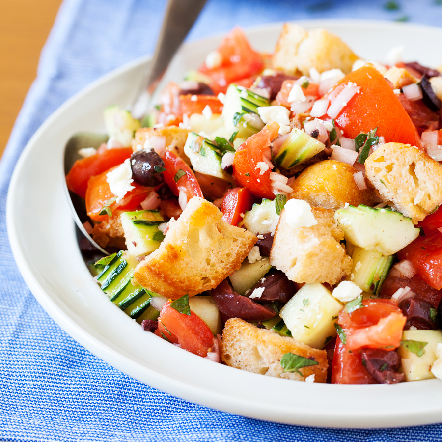 Panzanella (Italian Bread Salad) with Olives and Feta - The PKP Way