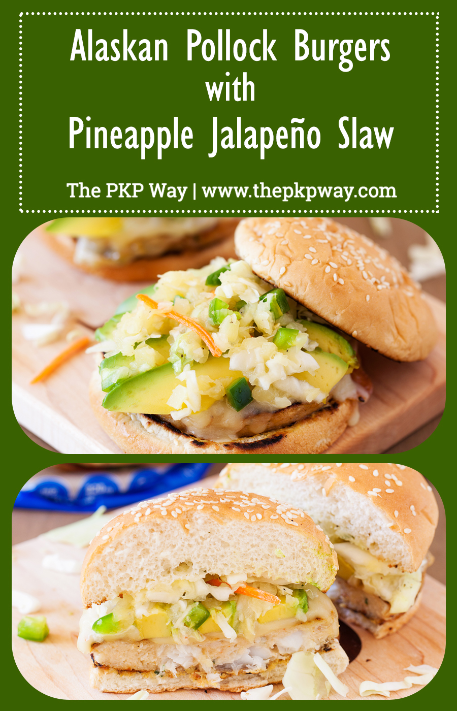 These Alaskan Pollock Burgers with Pineapple and Jalapeño Slaw are a healthy alternative to a regular burger yet just as delicious as an item on the menu of a gourmet burger restaurant.