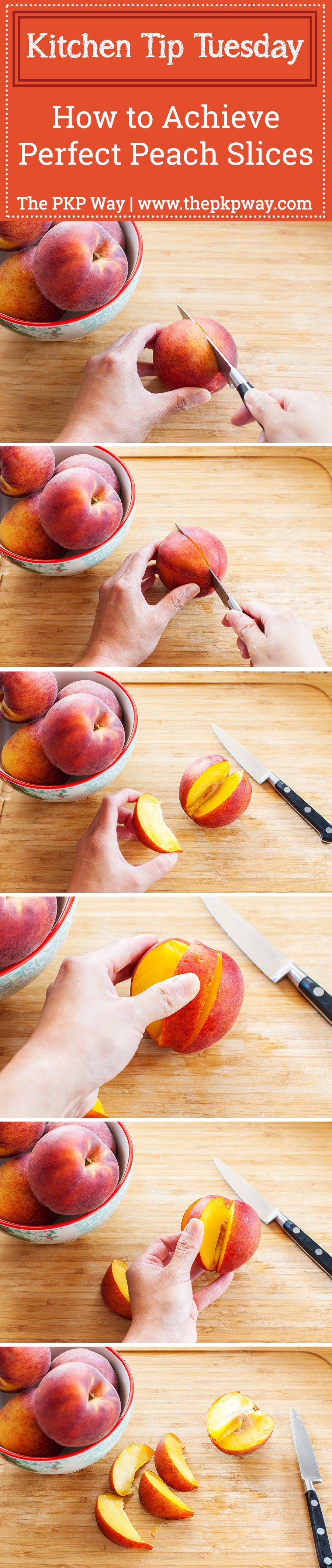 Learn how to achieve perfect peach slices for use in these Baked Peaches Breakfast Toasts and all of your favorite peach recipes.